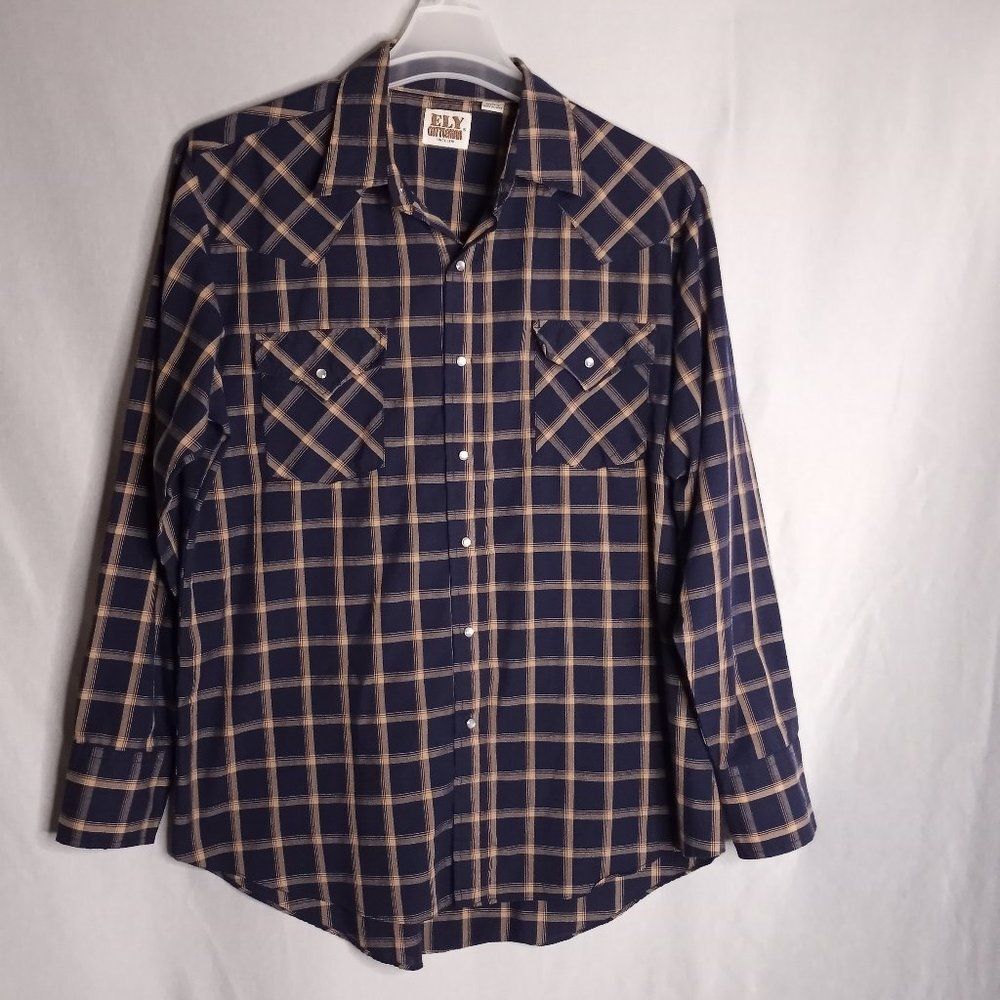 ELY Cattleman Men's Navy/Tan Pearl Snap Button Dow Long Sleeve Cowboy Shirt Sz L
